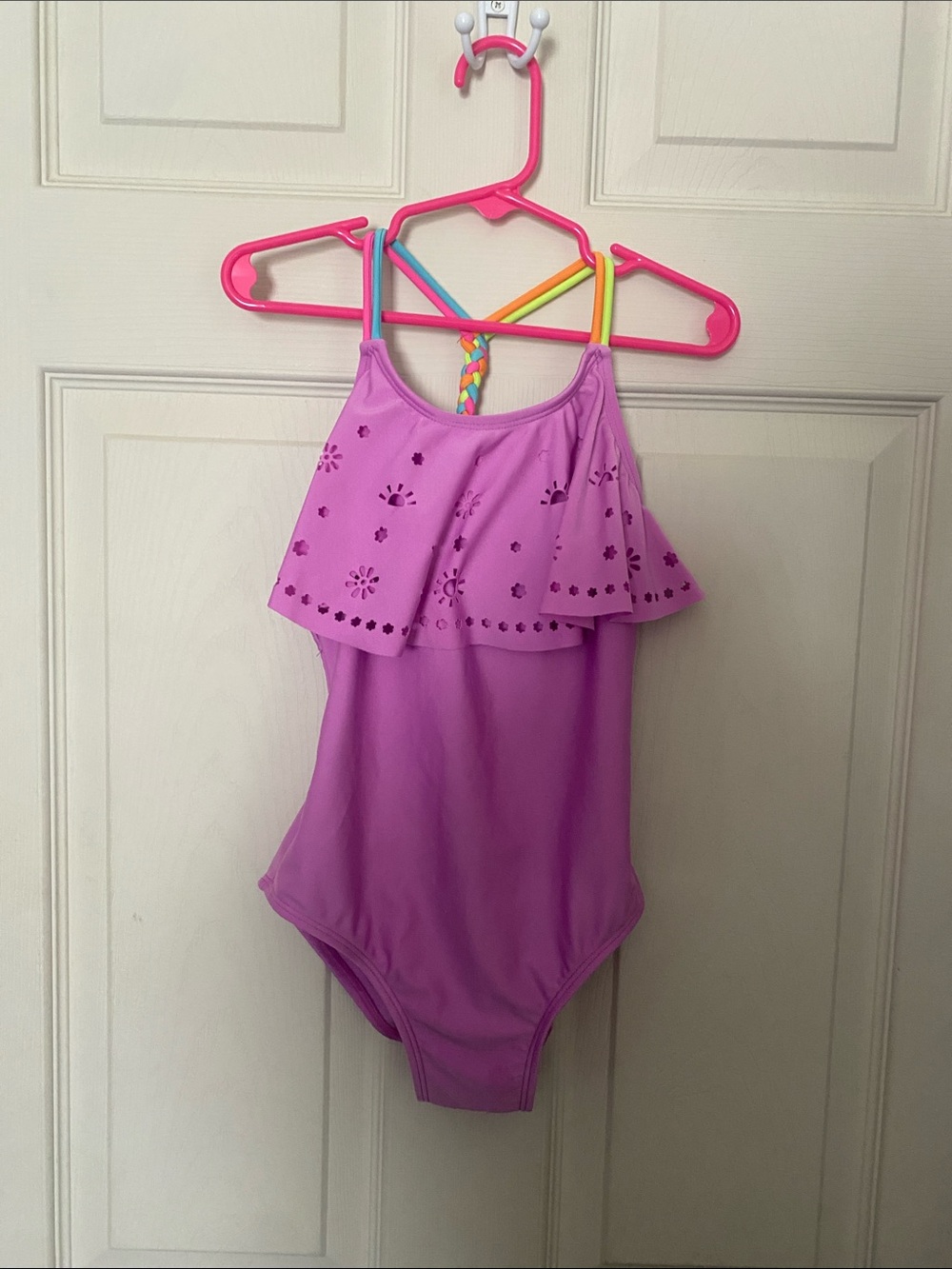 Girls Purple One-Piece Swimsuit with Ruffle Overlay